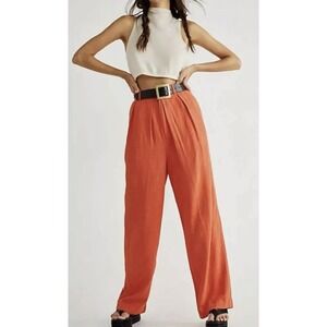 Free People Pants Wide Leg Orange‎ Pleated Pockets High Waisted Trousers Linen